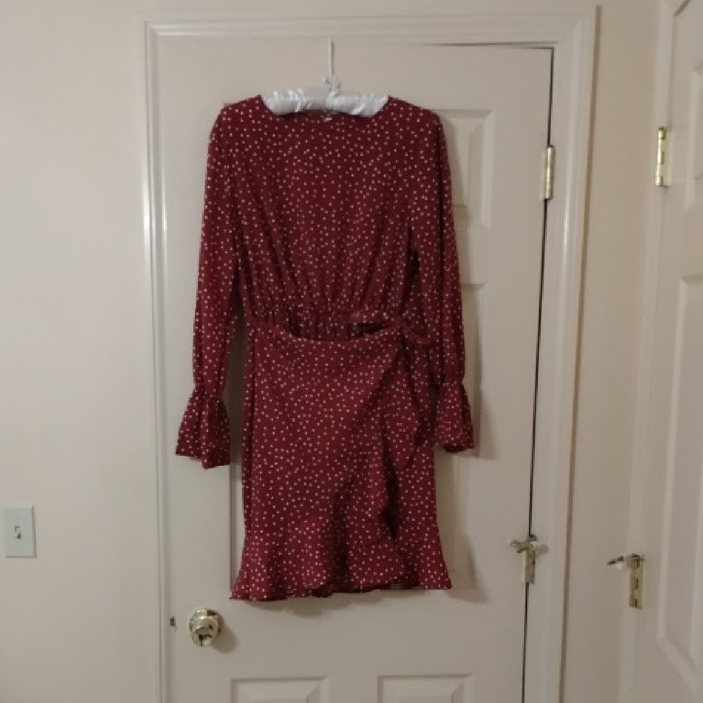 Red Dot Tie-Waist Long Sleeve Dress